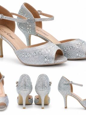 Silver Crystal Open-Toe Ankle Strap Heels